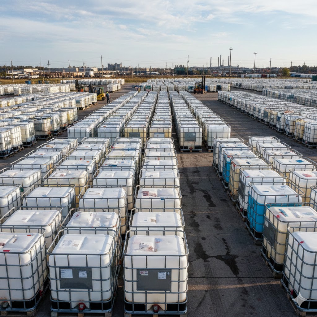 Stacks of cleaned IBC totes ready for pickup