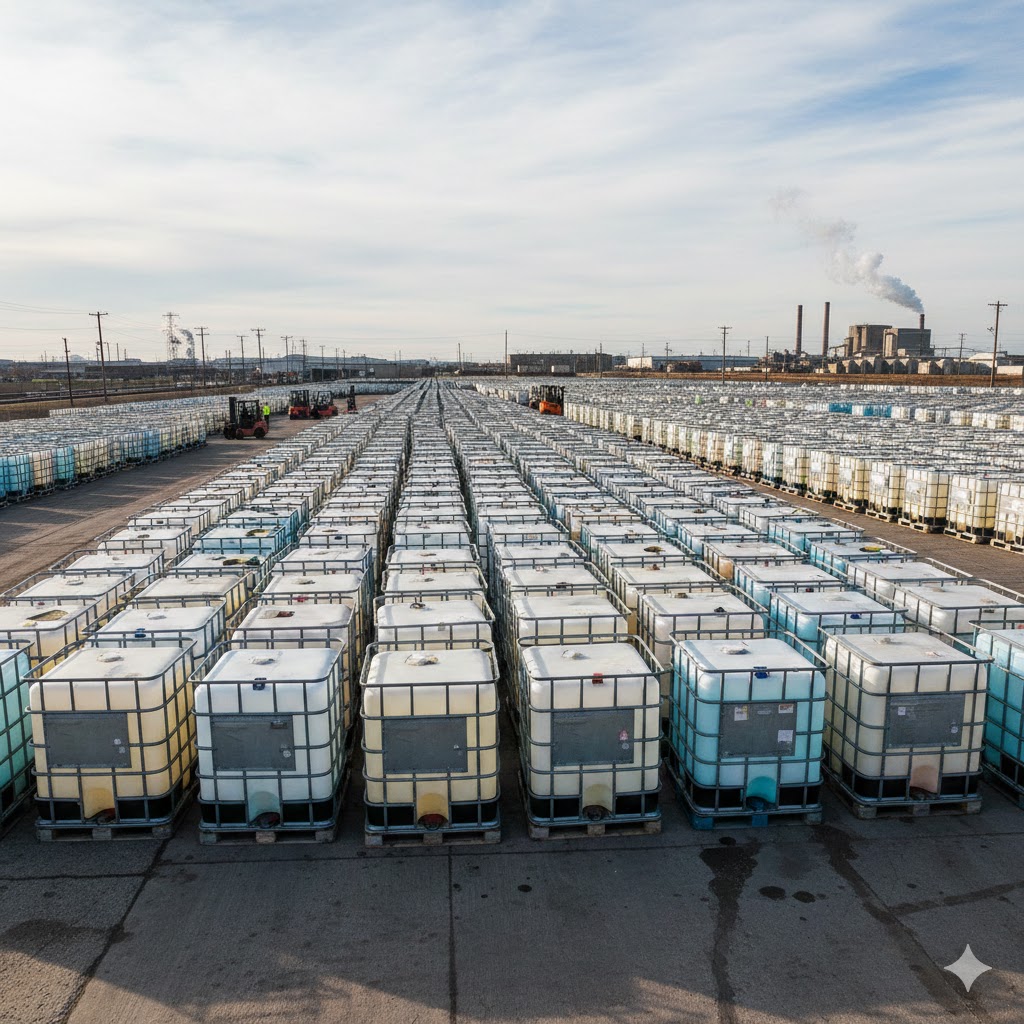 IBC totes lined up in the yard